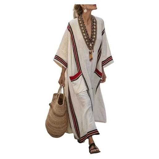 Generico abito lungo estivo donna lino elegante vestito boho chic vintage cerimonia maxi vestiti cotone e lino comoda scollo a v prendisole mare spiaggia vacanza traspirante abbigliamento con taschen (a11, l)