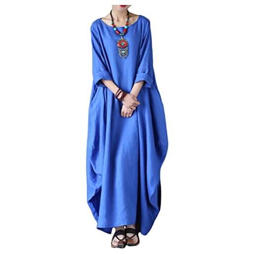 ORANDESIGNE abiti lungo donna manica 3/4 in cotone e lino maxi vestiti girocollo tinta unita casual abito caftano boho allentato abito spiaggia bikini cover up taglie forti (a blu, 3xl)
