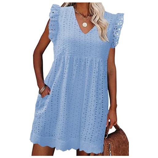 heekpek abito estivo donna cotone scollo a v vestito corto donna senza maniche con volant comodo e leggero abiti jacquard casual abito mare da spiaggia con tasche, azzurro, s