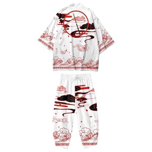 Doslavida - set cardigan kimono giapponese da uomo, stile cinese, stampato, giacca e pantaloni, aperto sul davanti, a sette maniche, bianco/rosso, s