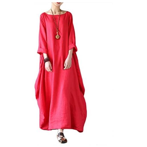 ORANDESIGNE abiti lungo donna manica 3/4 in cotone e lino maxi vestiti girocollo tinta unita casual abito caftano boho allentato abito spiaggia bikini cover up taglie forti a rosso xxl
