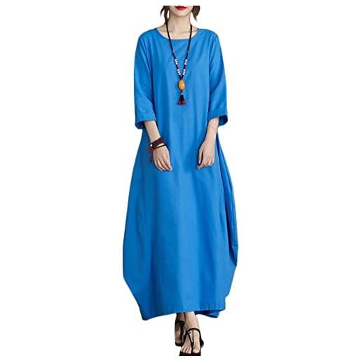 ORANDESIGNE abiti lungo donna manica 3/4 in cotone e lino maxi vestiti girocollo tinta unita casual abito caftano boho allentato abito spiaggia bikini cover up taglie forti b blu xs