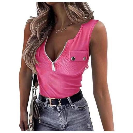 ELFIN canottiera da donna a coste estiva sexy con collo sciallato senza maniche slim fit basic