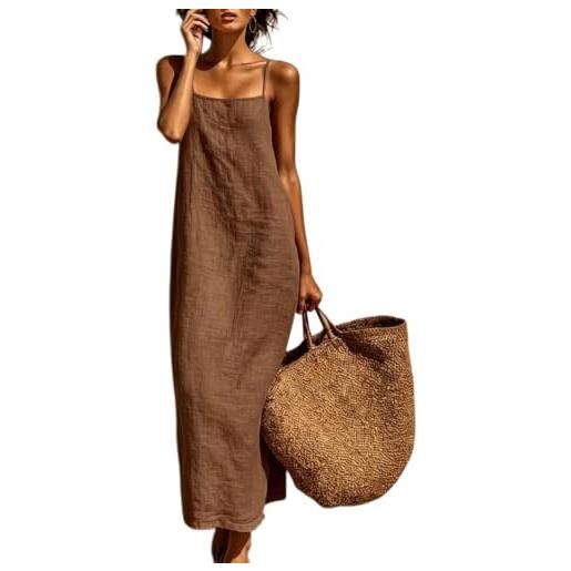 LIUYUYOUGO vestito donna abiti sottoveste in lino per donna abito lungo estivo con scollo quadrato e spalline sottili abito estivo boho ampio e svolazzante con spacco laterale abiti casual da spiagg