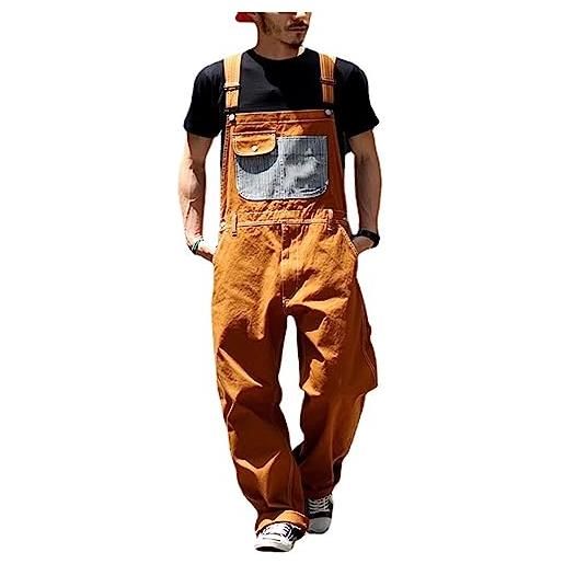 Beokeuioe salopette da uomo jeans latzhose da uomo moderno in denim anni 90 jumpsuit jeans a vita alta con effetto distrutto, colore arancione, taglia xl