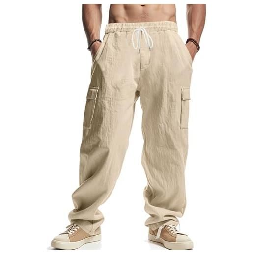 PADOLA pantaloni uomo cotone lino cargo spiaggia tasca multipla vita regolabile coulisse casual chino lungo estivo per mare e viaggio(s, cammello)