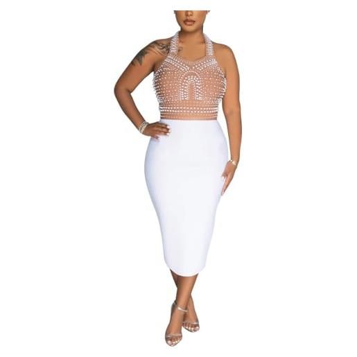 GHAKKE abito da discoteca sexy da donna con scollo all'americana e perle impreziosito vestito da festa midi aderente a vita alta con splicing alla moda (color: white, size: xl)