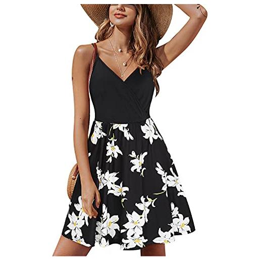 STYLEWORD abito da donna con scollo a v senza maniche abito estivo floreale con spalline regolabili abito longuette scamiciato abito da spiaggia con tasche