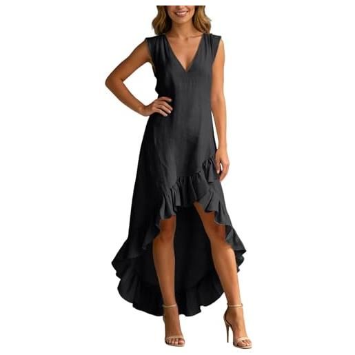 Tobysper abito estivo da donna, abito da cocktail con scollo a v, senza maniche, schiena scoperta, bretelle sul davanti, corto dietro, asimmetrico, lungo, elegante, in cotone e lino, maxi abito con