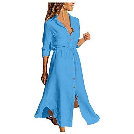 HAOLEI vestiti lino donna lunghi maniche lunghe casual abito camicia lino maxi elegante vestiti estivi cotone spiaggia mare boho con tasche per la primavera e l'estate confortevole e traspirante