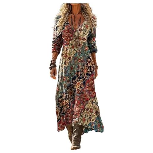 Generic vestito lungo donna estivo boho chic in lino effetto, maxi abito floreale vintage con scollo a v e maniche lunghe, elegante con tasche mare vacanza cerimonia primavera estate taglie forti curvy i520