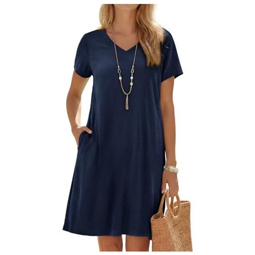 Enmain vestito donna estivo blu navy lino maniche corte scollo v vestiti estivi donna elegante casual spiaggia con tasche midi abito tinta unita per vacanze senza accessori l