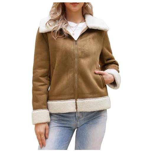 Allegra K donna giacca finta pelle scamosciata finta pelliccia vello | cappotto invernale in similpelle tasche chiusura con cerniera fodera in pile morbida capospalla casuale
