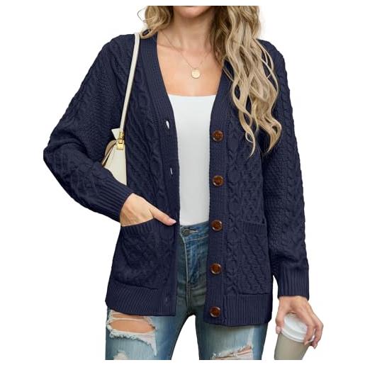 GRECERELLE - cardigan da donna, lavorato a maglia, stile aran, a maniche lunghe, con bottoni, taglia forte, con tasche, per inverno, autunno, primavera, blu navy, xxl