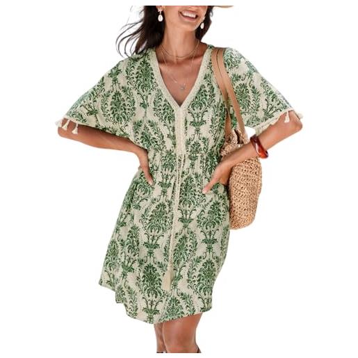 CUPSHE abito estivo da donna con nappa, scollo a v, in pizzo, a maniche corte, motivo cachemire, boho, casual, prendisole per vacanze e spiaggia