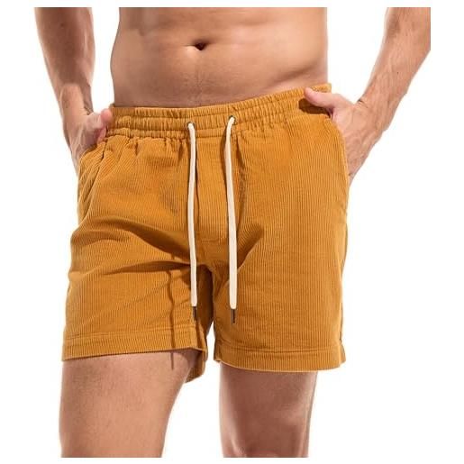 Amy Coulee pantaloncini estivi da uomo in velluto a coste in cotone casual da 12,7 cm con elastico in vita con tasche, giallo zenzero. , m
