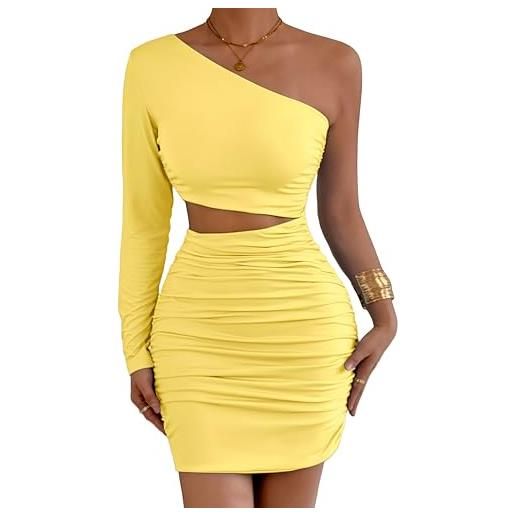 Belriviere mini abito aderente da donna monospalla con una manica increspata ritagliata sexy abito corto per feste in discoteca appuntamenti serali, giallo, xs