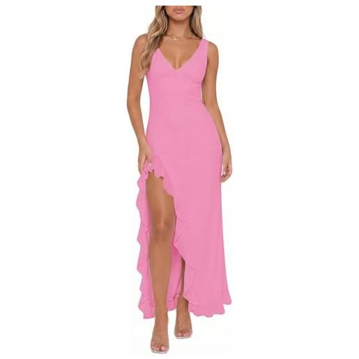 Xiaoliny vestito donna elegante senza maniche scollo a v maxi abito con volant e spacco estivo vestiti lungo in rete sexy aderente abiti schiena scoperta per cerimonia casual festa matrimonio