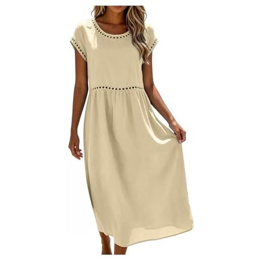 Generico abito lino donna abito estivo a maniche a 3/4 vacanza comodo taglie forti vestito lungo in cotone scollo a v largo vestiti da spiaggia vestito boho chic ideale per vacanze, lavoro e uso quotidiano