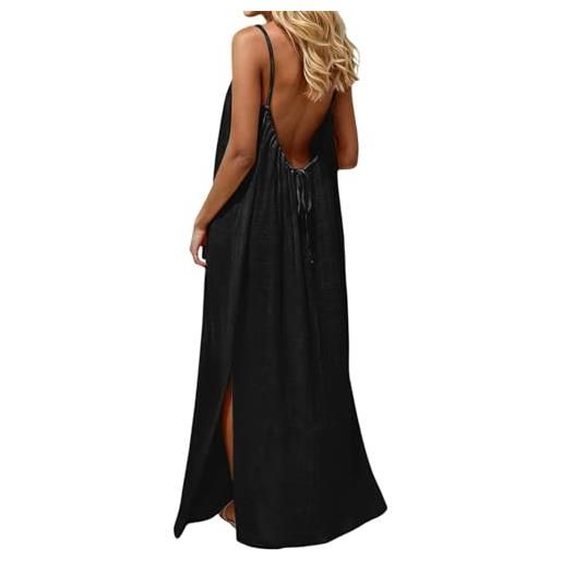 Generico vestito lungo estivo donna abito con schiena scoperta vestito da mare boho chic dresses vestiti con spalline sottili elegante abiti cerimonia caftano scollato senza maniche taglie forti tinta unita