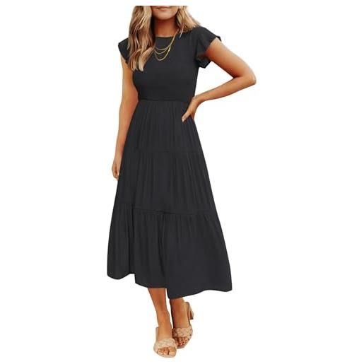 ZESICA - abito longuette estivo da donna, casual, a maniche corte, girocollo, a grembiule, con elastico in vita