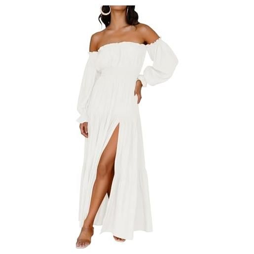 ZESICA abito lungo a maniche lunghe con spalle scoperte, stile bohémien, sexy, increspato, vita alta, spacco laterale, svasato, lungo a gradini, bianco, s