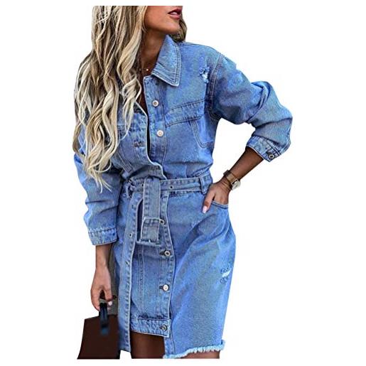 Minetom vestiti abito in jeans donna manica lunga casual cappotto giacca di jeans bottoni camicia denim vestito a blu 46