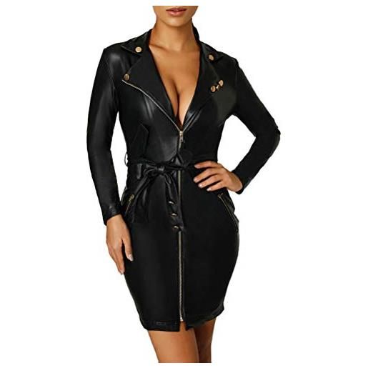Minetom donna sexy pu pelle vestito sexy collo a v manica lunga cerimonia cocktail festa nozze club bodycon abito clubwear con cerniera