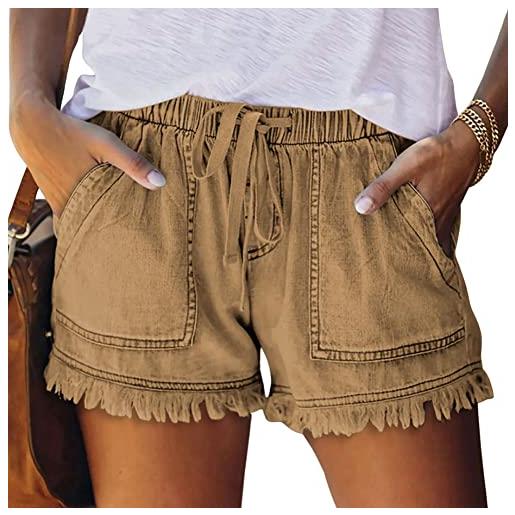 NLAND pantaloncini estivi da donna jeans estivi larghi shorts casual con coulisse donna pantaloncini da spiaggia tinta unita(kaki, l)