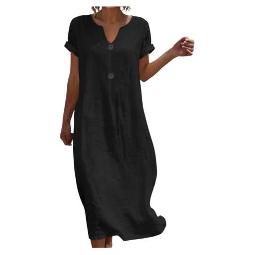 Generic vestito donna estivo abito da donna, abito midi leggero e fresco in mussola, in lino morbido, con scollo a v e maniche corte con bottoni, tunica ampio arioso, midi semplice, vestito estivo (xxl)