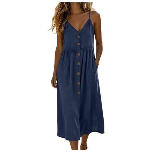 Lovraj abito estivo da donna con spalline, linea ad a, in cotone, con scollo a v, stile bohémien, tinta unita, con tasche