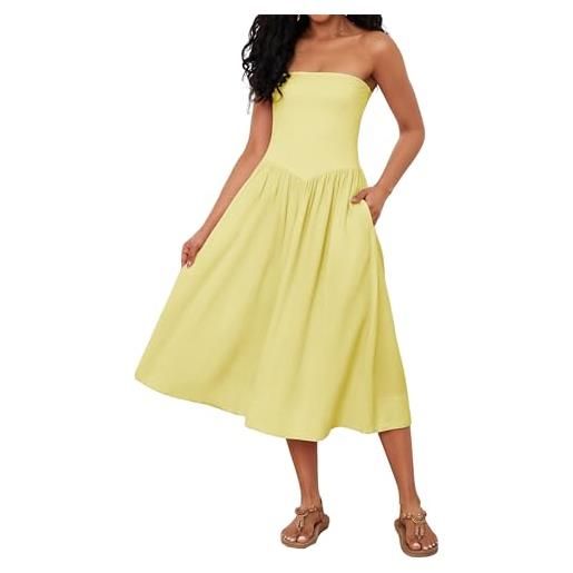 Livtany - abito midi da donna, con spalle scoperte, senza spalline e senza maniche, aderente in vita e svasato, alla moda, estivo, stile patchwork, giallo, s
