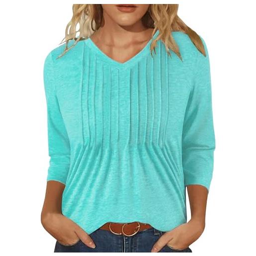 IEEILULU camicetta donna elegante, scollo a v t shirt donna manica 3/4, plissettata casual top casual estiva traspirante sciolte