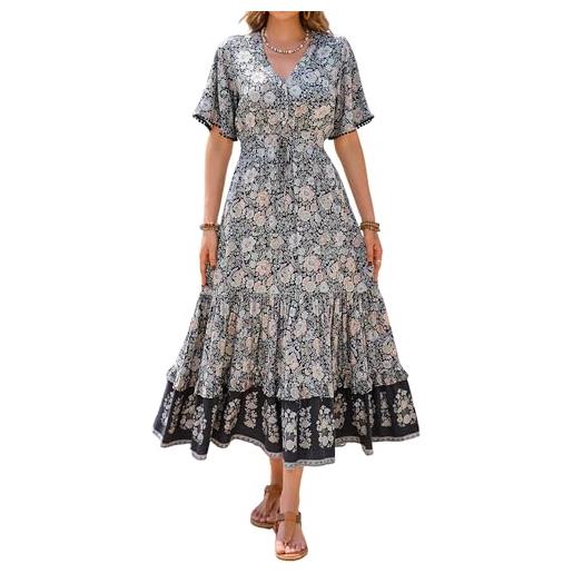 R.Vivimos abito boho estivo donna abito sexy scollo a v bottoni manica corta vestito elegante con volant orlo abito lungo maxi da spiaggia casual per le vacanze