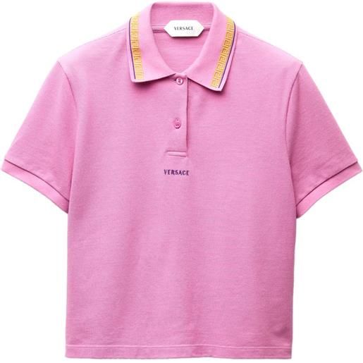 Versace polo in piqué di cotone con logo ricamato - rosa