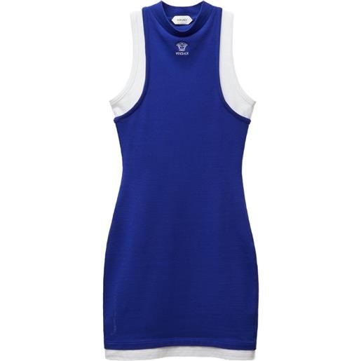 Versace abito corto in jersey di cotone elasticizzato con logo ricamato - blu
