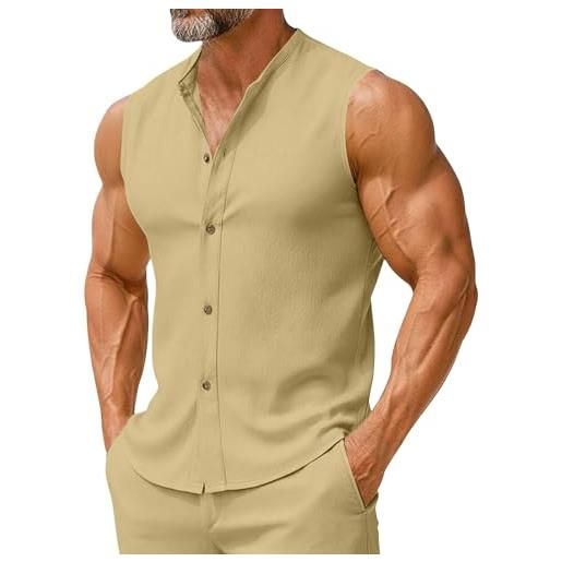 GUNJXNIL canotta da uomo in cotone, estiva, sportiva, tinta unita, con bottoni, leggera, traspirante, casual, basic, slim fit, cachi, s