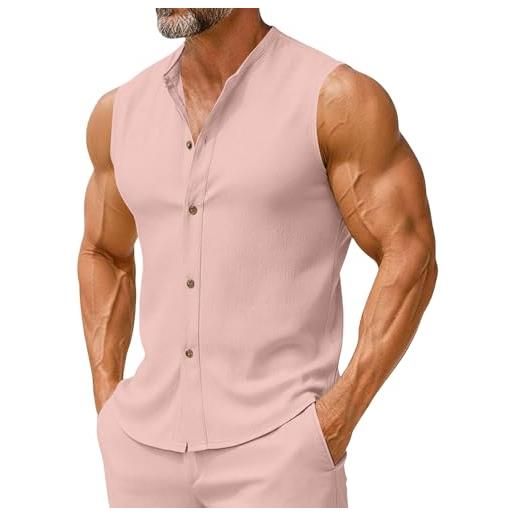 GUNJXNIL canotta da uomo in cotone, estiva, sportiva, tinta unita, con bottoni, leggera, traspirante, casual, basic, slim fit, colore: rosa. , l