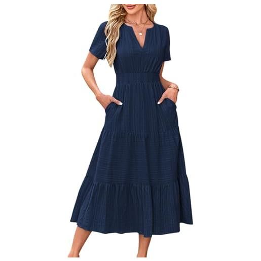 VEVESMUNDO abito estivo da donna, a maniche corte, in cotone, casual, con scollo rotondo, per il tempo libero, con tasche