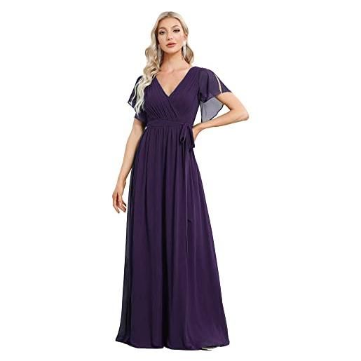 Ever-Pretty maxi scollo a v increspato busto chiffon abito da sera formale con maniche 0164a