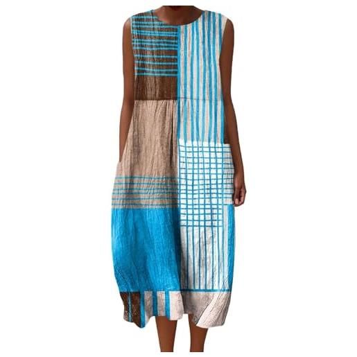 Udbeksid vestito in lino donna estivo senza maniche abiti estivi donna boho chic lungo abito donna con stampa floreale vestiti estivi larghi girocollo leggeri per vacanze mare e casual moda