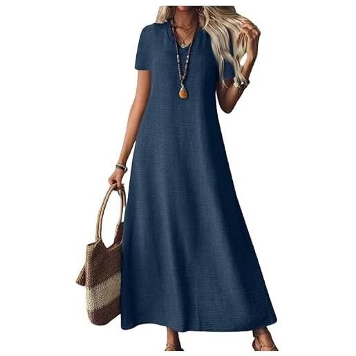 Generisch abito in lino per donna, a maniche corte, scollo a v, casual, maxi, fluido, per spiaggia e vacanza abito in lino da donna, blu scuro, s