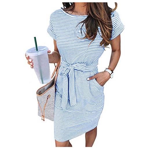 MEROKEETY abito estivo da donna a maniche corte, a righe, casual, con laccetti in vita, con tasche, blu, m