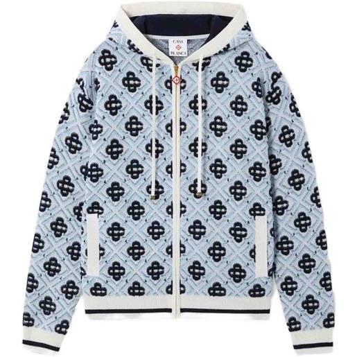 Casablanca blue merino monogram zip‑up hooded sweatshirt