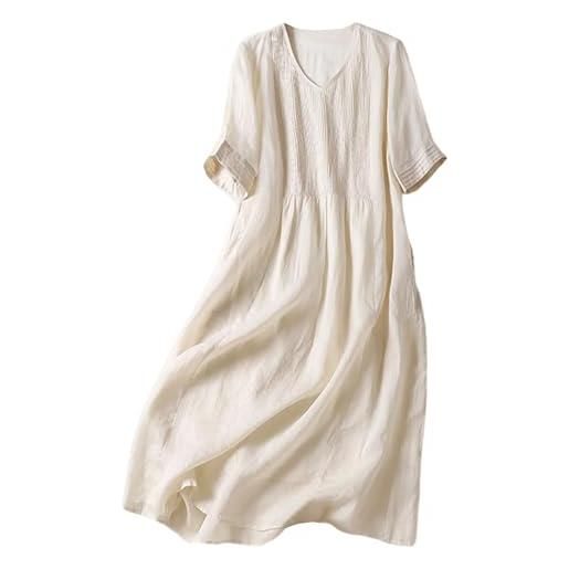 Generic abito lungo da donna in garza di cotone e lino, estivo, a vita alta, fluido, mezze maniche, abbottonatura