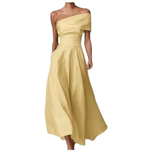 Generic abito da donna giallo in lino con scollatura monospalla e vita aderente - elegante modello scollato sulla schiena a linea a, ideale per cerimonie e feste