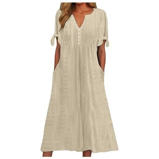 Generico abito lungo donna cotone lino vestiti manica corta scollo a v elegante vestito moda vuoto jacquard boho abiti estivo leggera taglie forti mare vestiti per giornaliero spiaggia