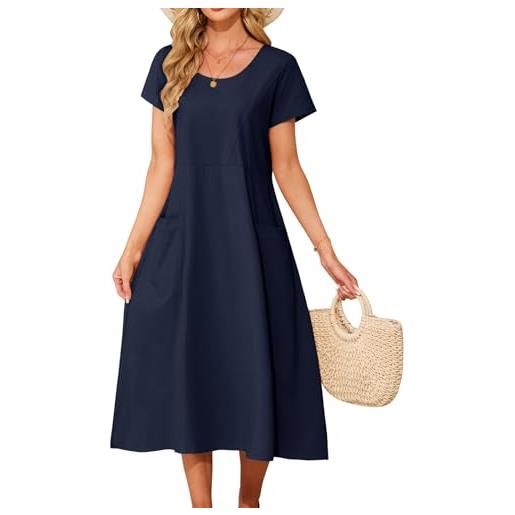 PASUDA vestito donna estivo vestiti lungo cotone abito manica corta scollo rotondo elegante vestito da mare spiaggia boho casual abiti lunghi con tasche