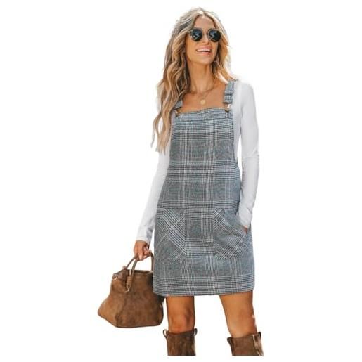 CUPSHE mini abito autunnale in velluto a coste per le donne con tasca frontale con bretelle larghe scollo quadrato abiti invernali casual, blu a scacchi, m