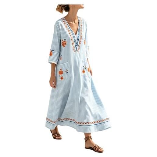 Generico vestito donna estivo kaftano boho chic in cotone e abito lungo etnico lino con tasche e scollo a v prendisole per mare spiaggia vacanza stile oversize traspirante (light blue-1, xxxxxl)